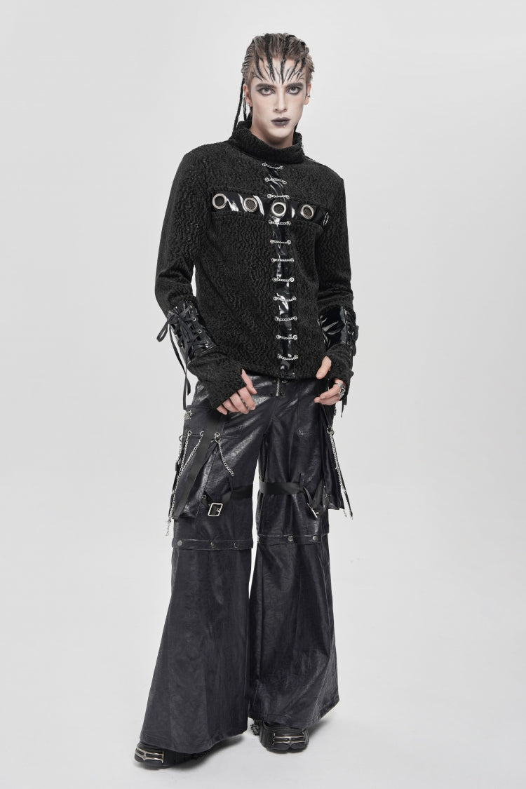 Black Stand Collar Long Sleeves Faux Leather Stitching Chain Eyelet Punk Blouse