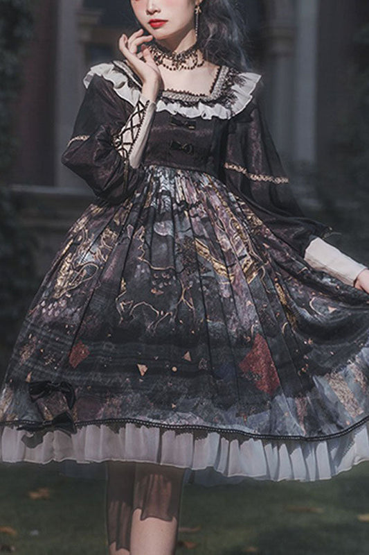 Black Long Sleeves Mist Print Classic Lolita Op Dress