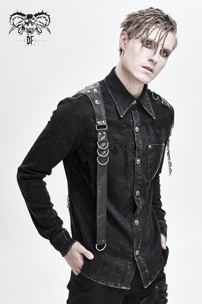 Black Asymmetric Left Shoulder Loop Mesh Rivet Snap Button Punk Shirt