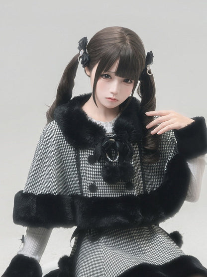 [reservation Deadline February 7th] Retro Check Black Fur Cape + Skirt + Inner Top