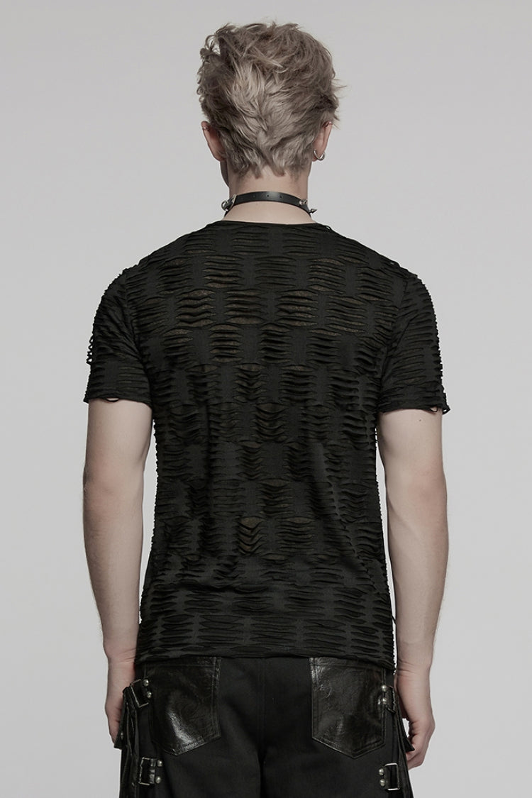 Black Short Sleeves Jacquard Faux Leather Stitching Ripped Rivet Punk T-shirt
