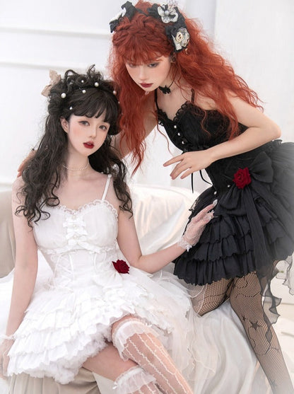 Rose Ribbon Tulle Lace Up Tiered Cami Dress