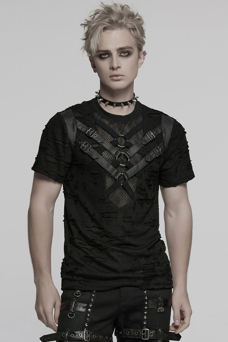 Black Short Sleeves Stitching Mesh Ripped Strap Punk T-shirt