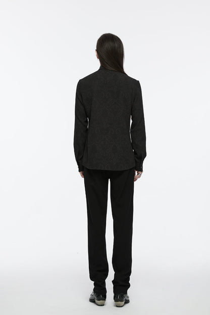 Black Lapel Collar Long Sleeves Jacquard Print Drawstring Lace-up Gothic Blouse