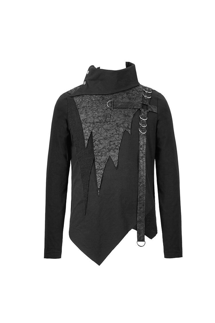 Black Worn Out Cross Shaped Hasp High Collar Asymmetric Hem Punk T-shirt