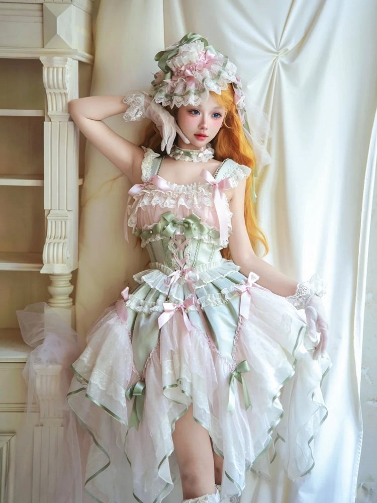 [pre-order Deadline: May 8] Pink X Green/blue X Yellow Fairy Princess Lolita Tulle Lace Bow Layered Dress