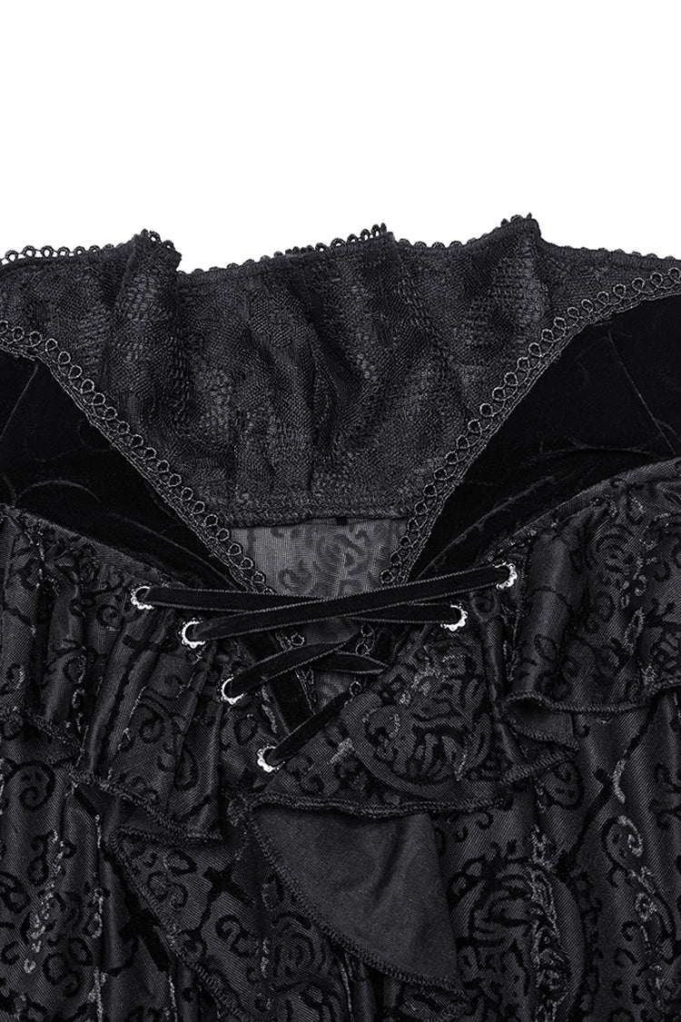 Black Stand Collar Long Sleeves Print Ruffle Gothic Blouse