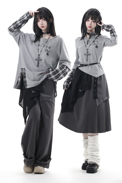Plaid Design Top + Asymmetrical Top + Pants + Skirt + Belt
