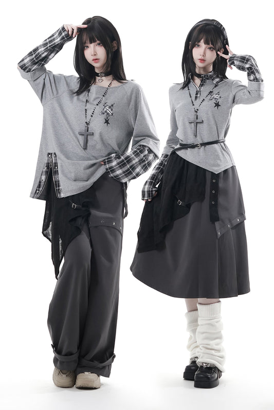 Plaid Design Top + Asymmetrical Top + Pants + Skirt + Belt