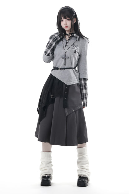 Plaid Design Top + Asymmetrical Top + Pants + Skirt + Belt
