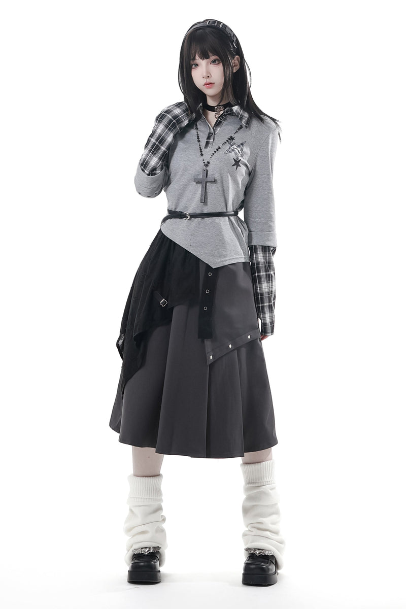 Plaid Design Top + Asymmetrical Top + Pants + Skirt + Belt