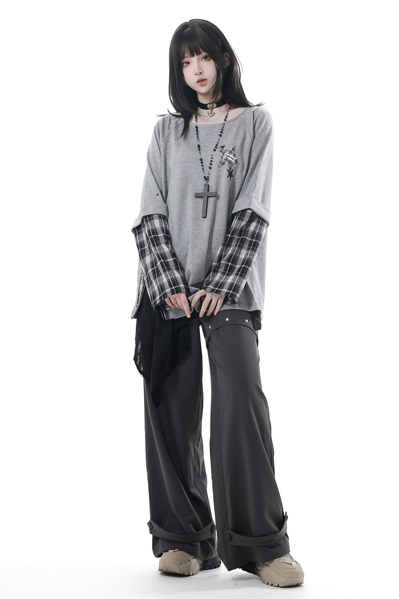 Plaid Design Top + Asymmetrical Top + Pants + Skirt + Belt