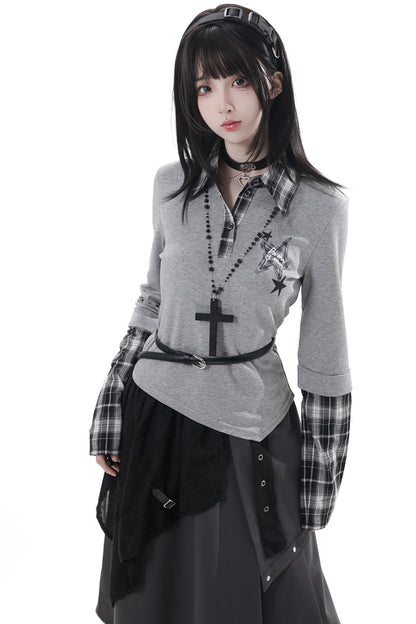 Plaid Design Top + Asymmetrical Top + Pants + Skirt + Belt