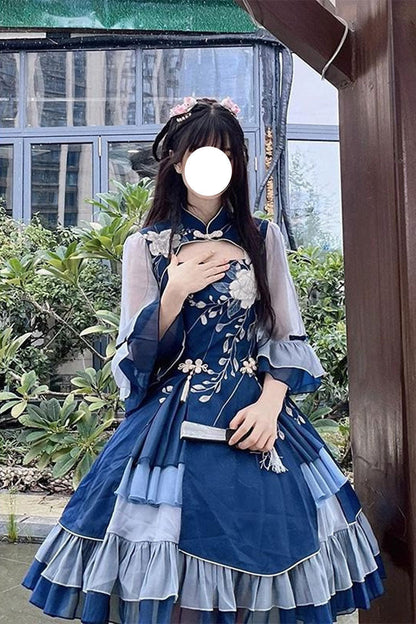 Blue Multi-layer Print Ruffle Classic Chinese Style Princess Lolita Jsk Dress