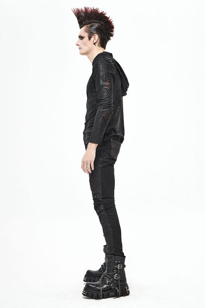 Black Broken Holes Knit Shoulder Lace-up Irregular Hem Hooded Punk T-shirt
