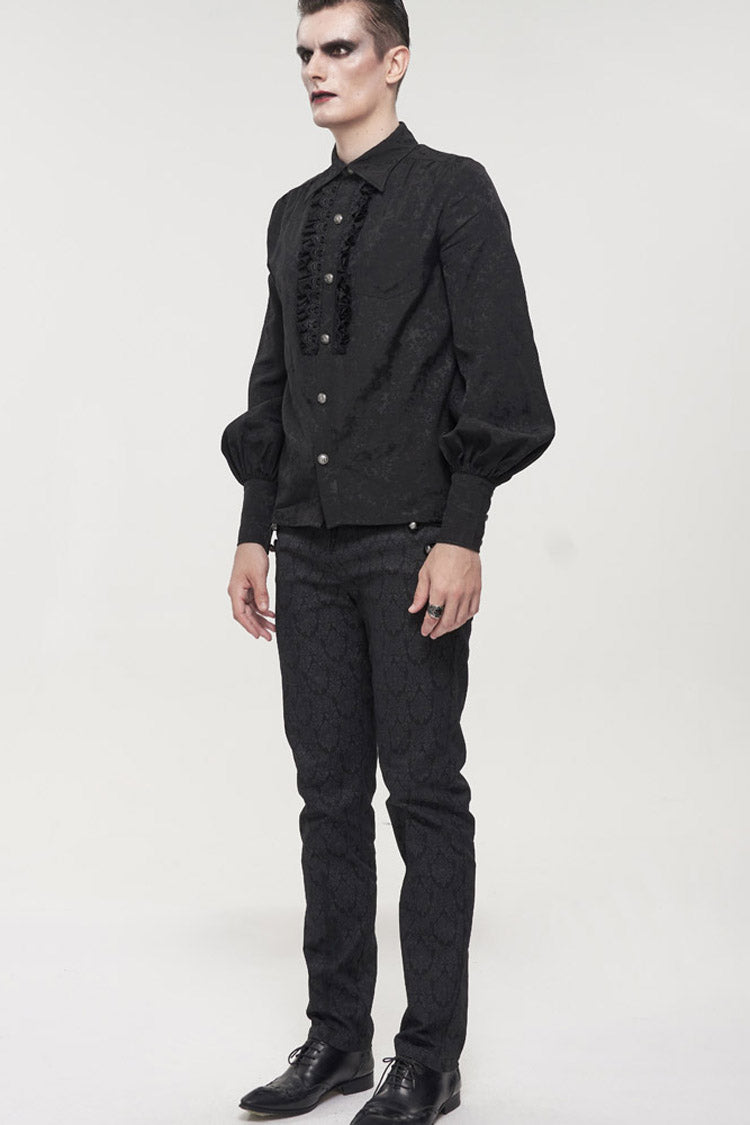 Black Gothic Metal Pattern Buckle Long Sleeve Pleated Lace Lantern Shape Printing Pattern Shirt