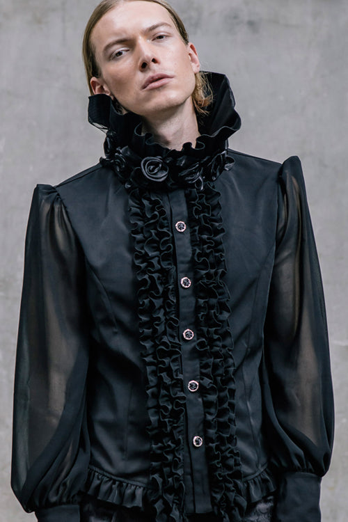 Black High Collar Lace Up Dovetail Hem Gothic Blouse