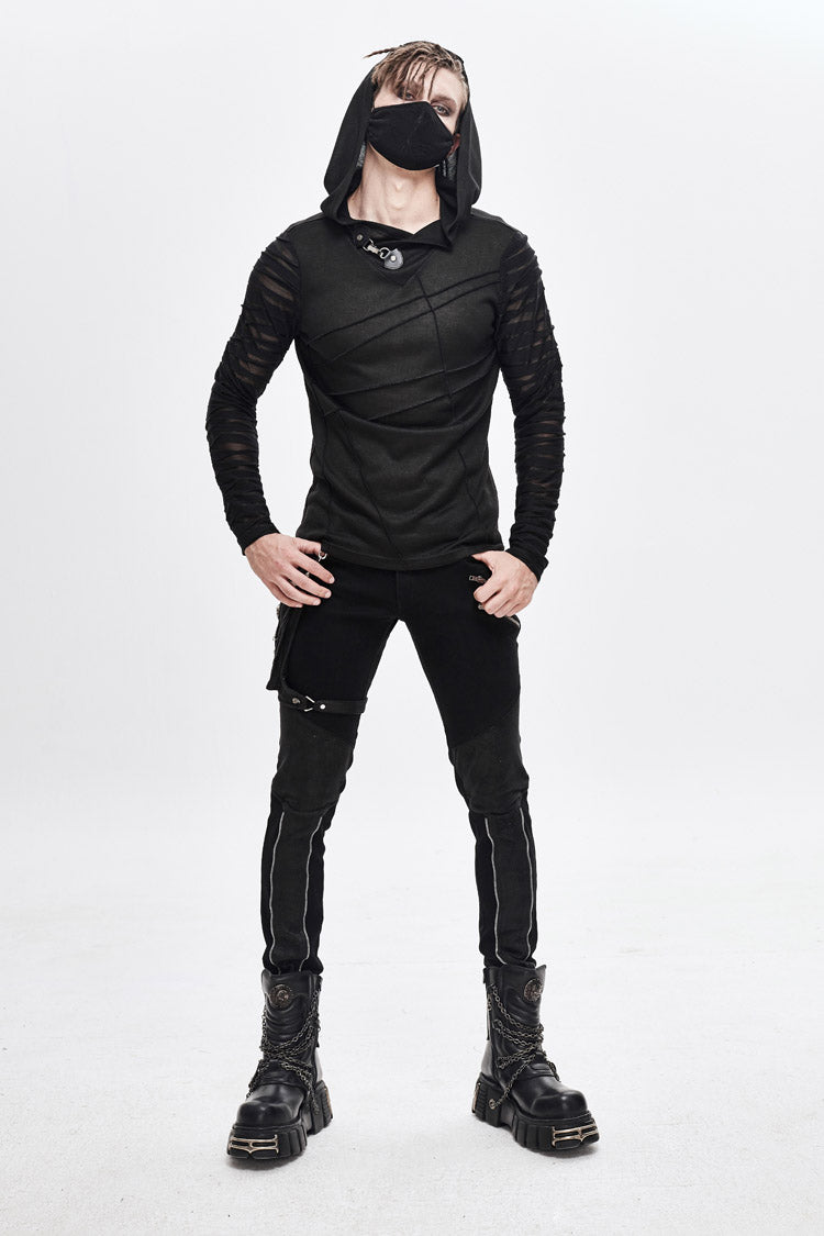 Black Collar Metal Button Irregular Striped Patchwork Bandage Hooded Punk T-shirt