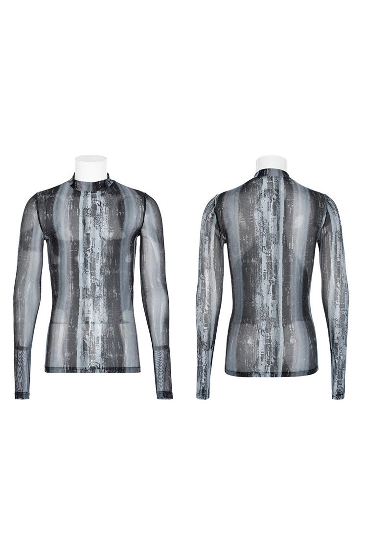 Black/grey Punk High Collar Technology Sense Printing Elasticity Tight Long Sleeves Shirt