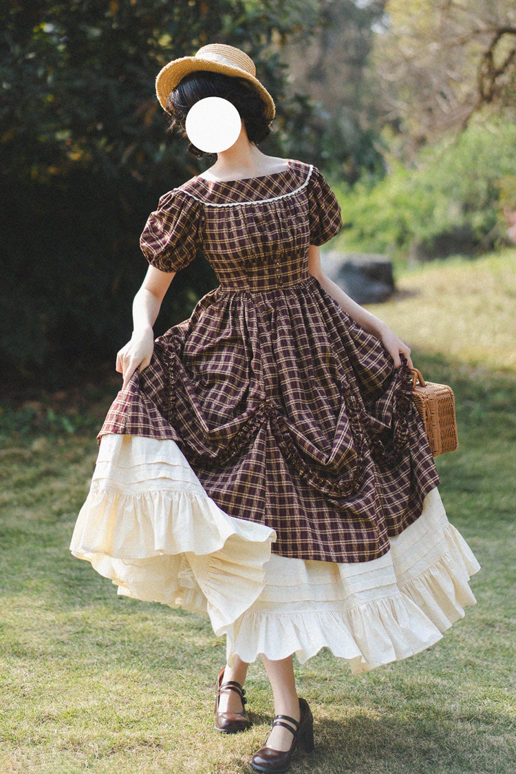 Dark Red [forest Picnic] Boat Neck Short Sleeves Printed Lift-hem Ruffled Classic Lolita Dress