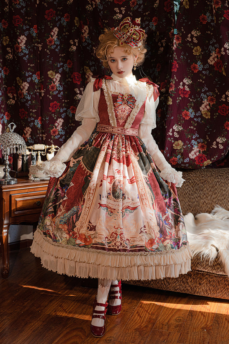 Red [kaleidoscope of Dreams] Sleeveless Double-layered Print Embroidery Bowknot Classic Lolita Jsk Dress