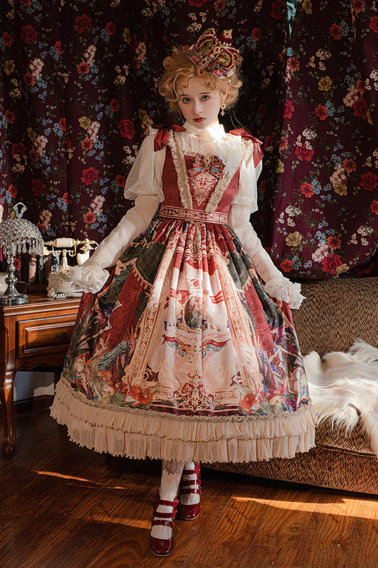 Red [kaleidoscope of Dreams] Sleeveless Double-layered Print Embroidery Bowknot Classic Lolita Jsk Dress
