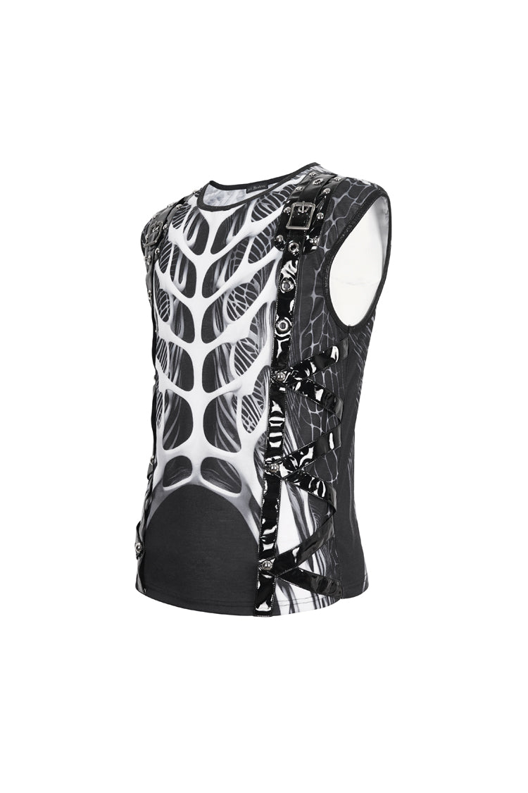 Black/white Round Collar Print Hollow Punk Vest