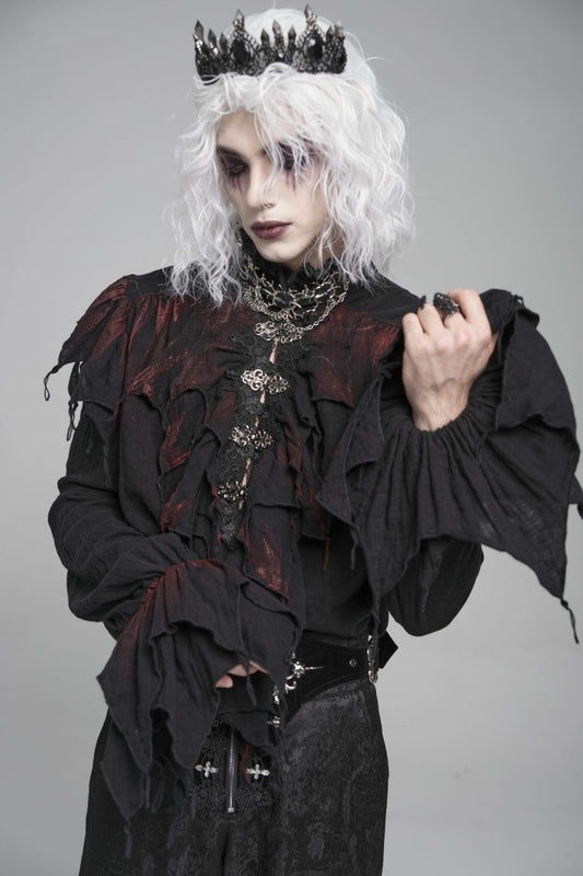 Black/red Stand Collar Long Sleeves Ruffled Gothic Plunging Shirt