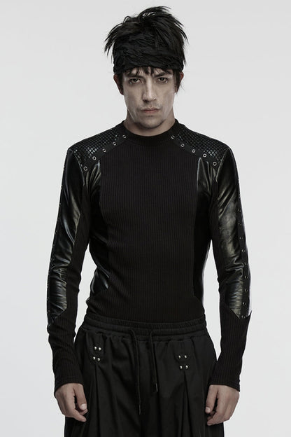 Black Round Collar Long Sleeves Spliced Eyelet Punk T-shirt
