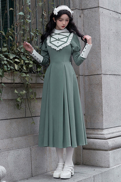 Green Nun Style Stand Collar Long Sleeves Ruffle Bowknot Classic Lolita Dress