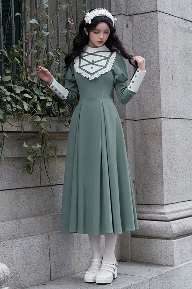 Green Nun Style Stand Collar Long Sleeves Ruffle Bowknot Classic Lolita Dress
