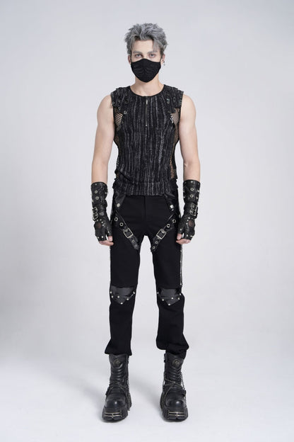 Black Sleeveless Ribbed Print Stitching Mesh Zipper Gothic Vest