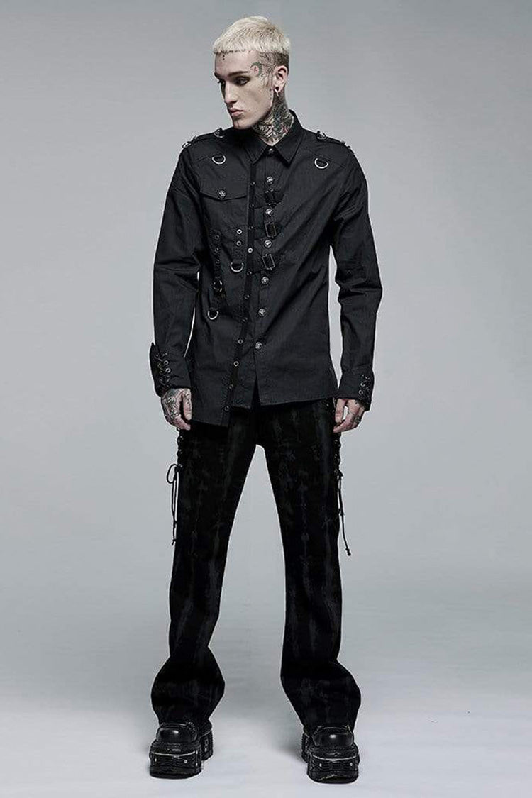 Black Punk Asymmetric Hem Personality Metal Buckle Decorative Soft Long Sleeve Shirt
