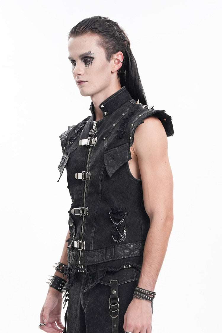 Black Stand Collar Sleeveless Rivets Chain Rings Gothic Vest