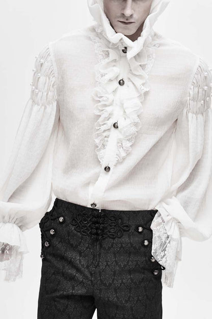 White Ruffle Stand Collar Lantern Sleeves Jacquard Gothic Blouse