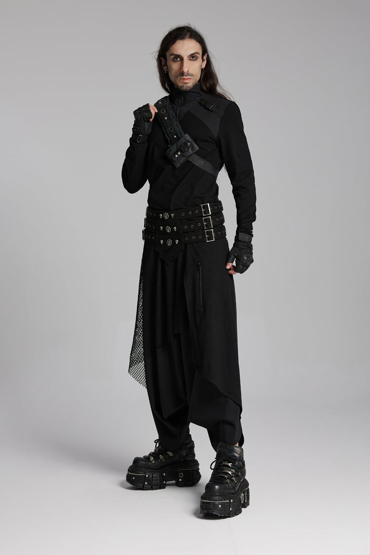 Black Stand Collar Long Sleeves Techwear Bucket-up Zip Punk T-shirt
