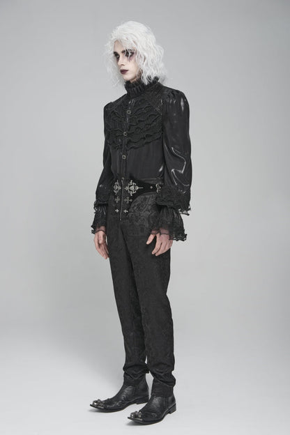 Black Stand Collar Long Puff Sleeves Embroidery Stitching Lace Gothic Blouse