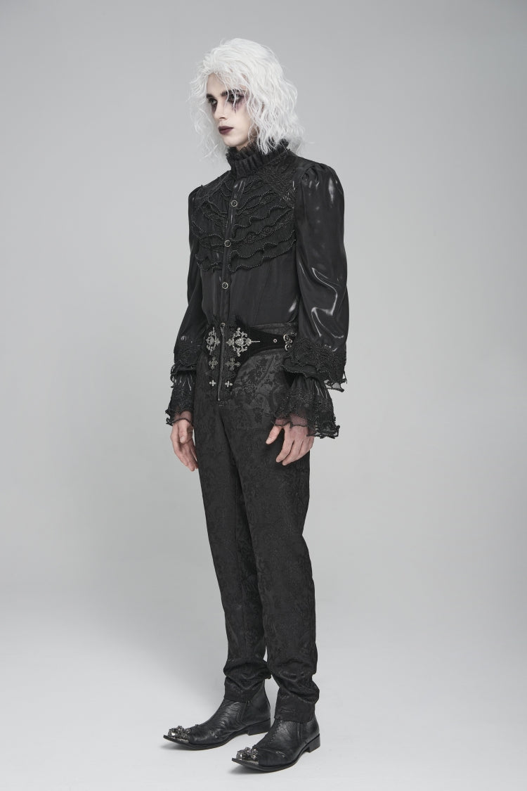 Black Stand Collar Long Puff Sleeves Embroidery Stitching Lace Gothic Blouse