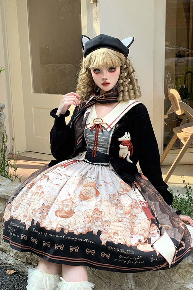 Black [fox Band] Print Square Collar Bowknot Classic Lolita Jumper Dress