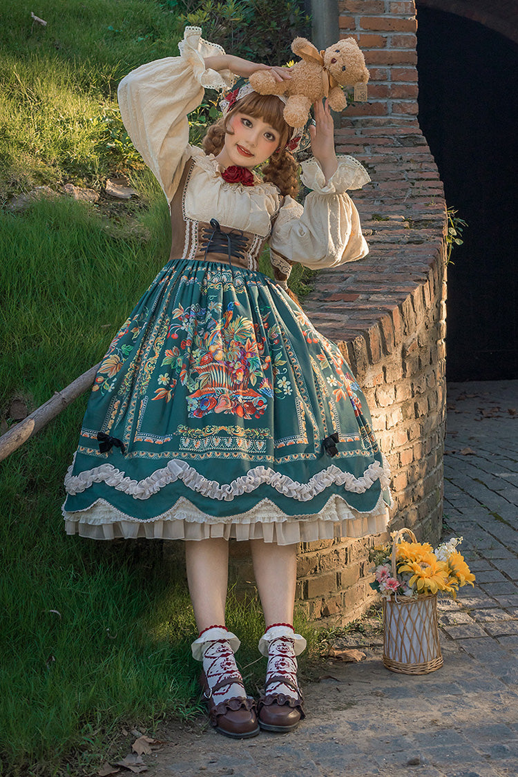 Green [ode to Plenty] Berries and Birds Print Ruffle Bowknot Velvet Classic Lolita Breast Support Jsk Dress