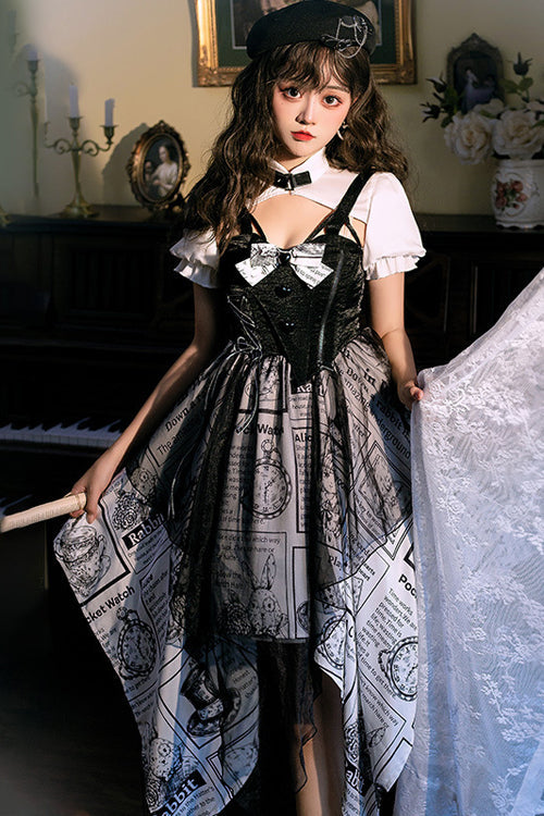 Black Fake Two Pieces Printed Irregular Hem Classic Lolita Dress