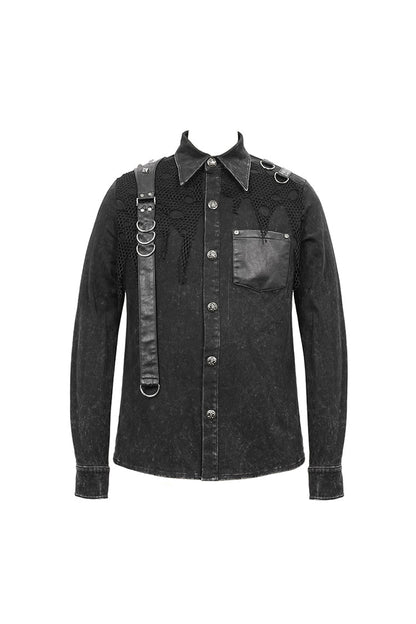Black Asymmetric Left Shoulder Loop Mesh Rivet Snap Button Punk Shirt