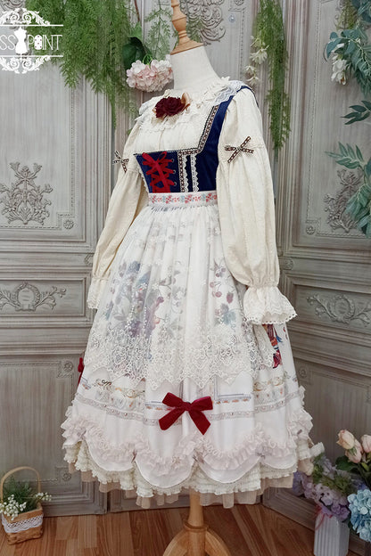 Ivory [ode to Plenty] Berries and Birds Print Ruffle Bowknot Velvet Classic Lolita Breast Support Jsk Dress