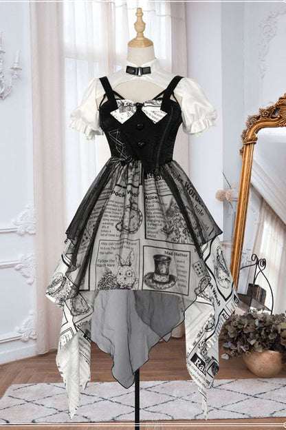 Black Fake Two Pieces Printed Irregular Hem Classic Lolita Dress
