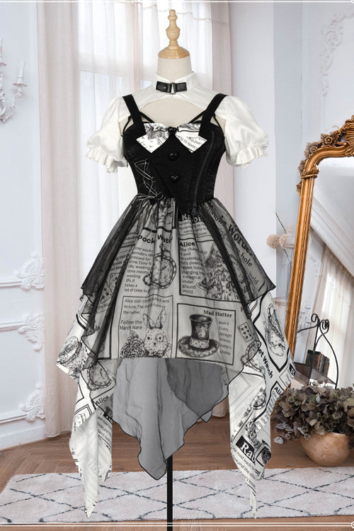 Black Fake Two Pieces Printed Irregular Hem Classic Lolita Dress