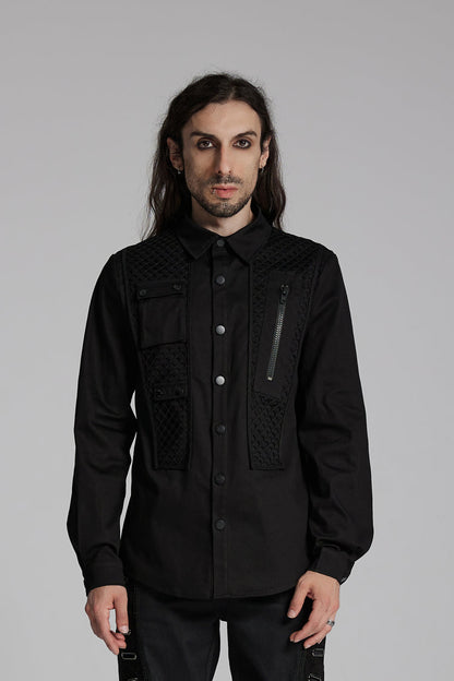 Black Lapel Collar Long Sleeves Zip Mesh Pocket Punk Blouse
