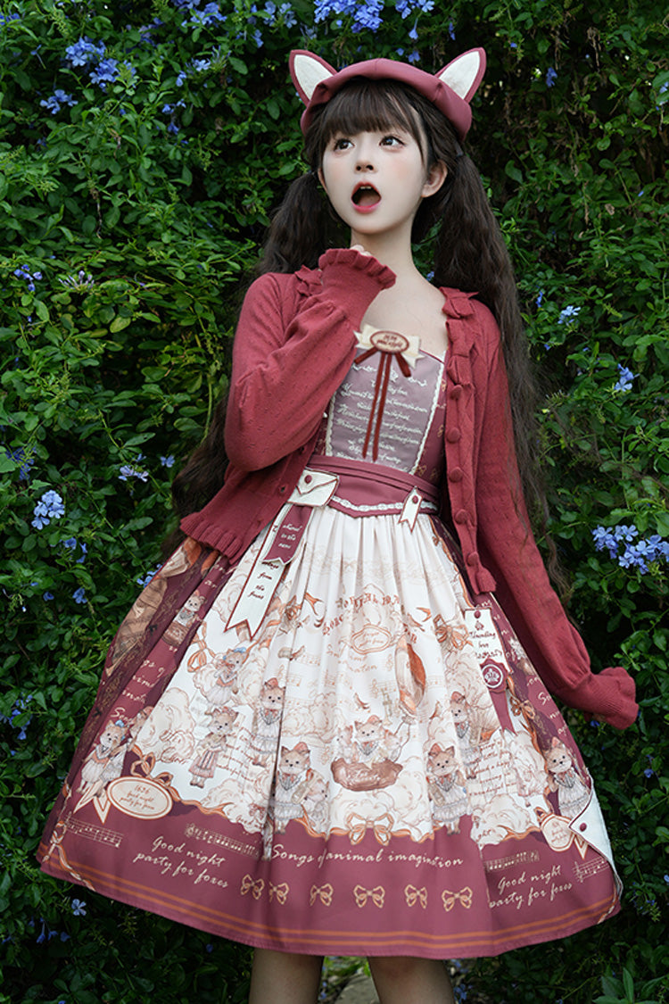 Wine Red [fox Band] Print Square Collar Bowknot Classic Lolita Jumper Dress