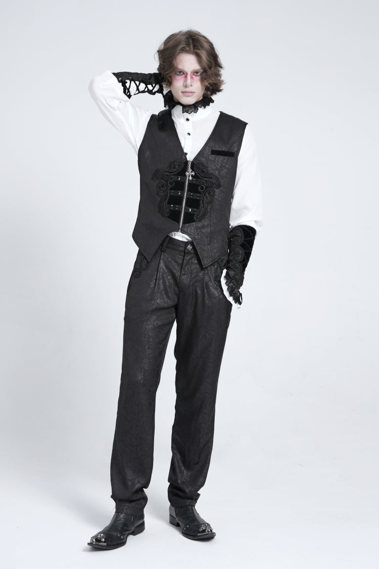 Black Sleeveless Embroidery Stitching Velvet Gothic Vest