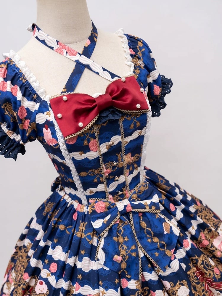 [pre-order Deadline: April 26] Retro Romance Sweet Lolita Ribbon Cake Print Halter Neck Dress