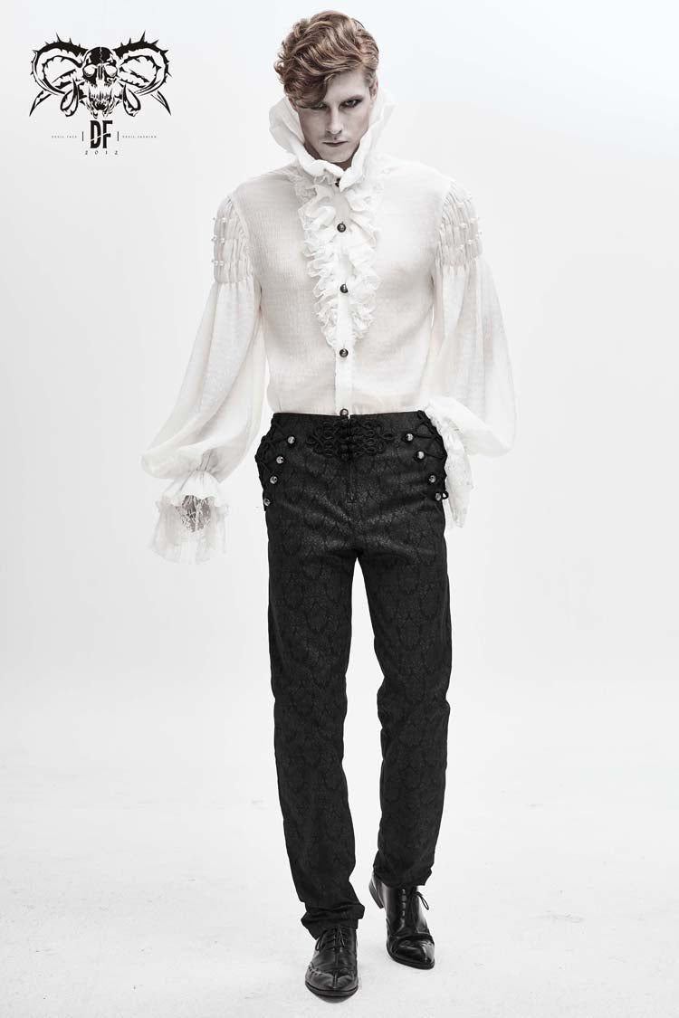 White Ruffle Stand Collar Lantern Sleeves Jacquard Gothic Blouse